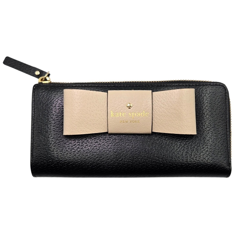 Kate Spade Black‎ Leather Zip Around Wallet With Pink Bow Detail